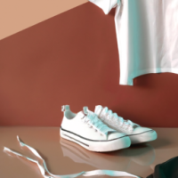 an open white shirt on the table and sneakers with aesthetic background